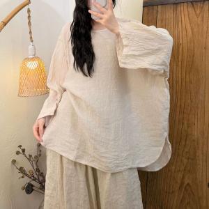 Long Sleeves Loose Linen Plain Blouse