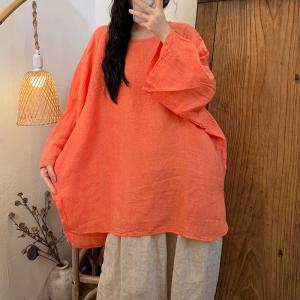 Long Sleeves Loose Linen Plain Blouse