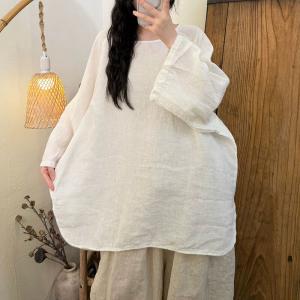Long Sleeves Loose Linen Plain Blouse