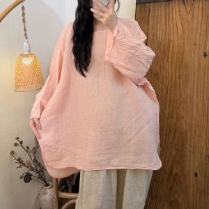 Long Sleeves Loose Linen Plain Blouse