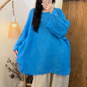 Long Sleeves Loose Linen Plain Blouse