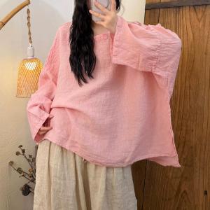Autumn Casual Crew Neck Linen Blouse