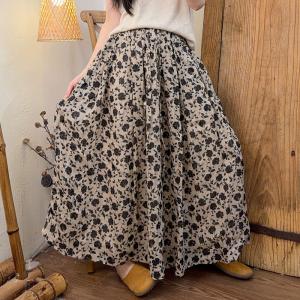 Flowers Patterned Pleated Ramie Maxi Skirt