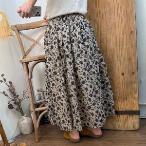 Flowers Patterned Pleated Ramie Maxi Skirt