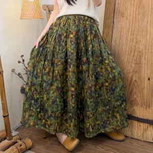 Flowers Patterned Pleated Ramie Maxi Skirt