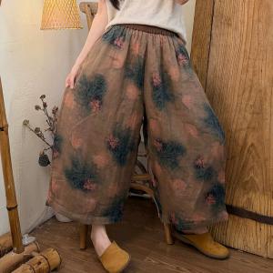 Summer Ramie Printed Wide Leg Ankle Pants