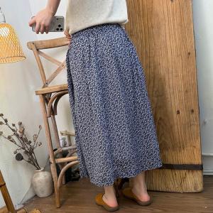 Blue Floral Ramie Loose Flare Skirt