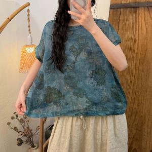 Summer Lotus Flowers Ramie Blouse