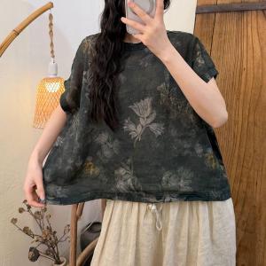 Summer Lotus Flowers Ramie Blouse