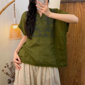 V-Neck Organic Ramie Embroidered Blouse