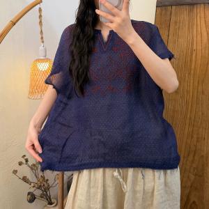 V-Neck Organic Ramie Embroidered Blouse