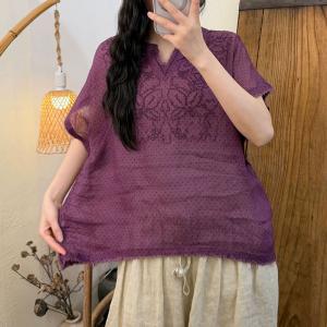 V-Neck Organic Ramie Embroidered Blouse