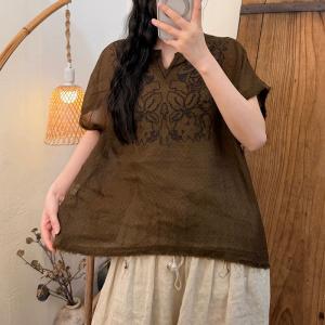 V-Neck Organic Ramie Embroidered Blouse