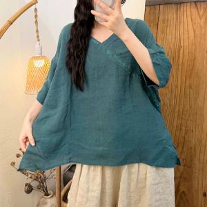 Embroidery V-Neck Linen Oriental Blouse