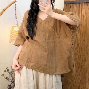 Embroidery V-Neck Linen Oriental Blouse