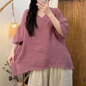 Embroidery V-Neck Linen Oriental Blouse