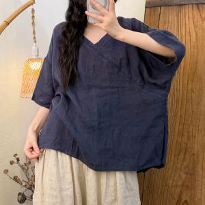 Embroidery V-Neck Linen Oriental Blouse
