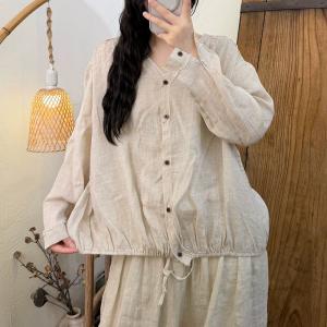 Y-Neck Long Sleeves Ramie Drawstring Ladies Shirt