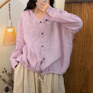 Y-Neck Long Sleeves Ramie Drawstring Ladies Shirt