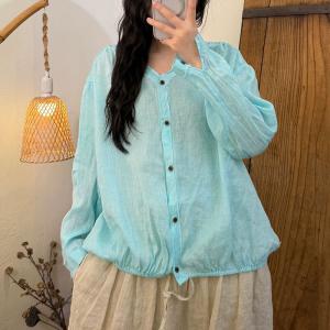 Y-Neck Long Sleeves Ramie Drawstring Ladies Shirt
