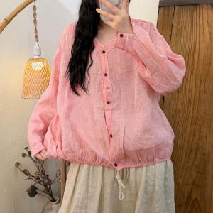 Y-Neck Long Sleeves Ramie Drawstring Ladies Shirt