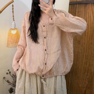 Y-Neck Long Sleeves Ramie Drawstring Ladies Shirt