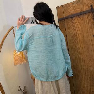 Y-Neck Long Sleeves Ramie Drawstring Ladies Shirt