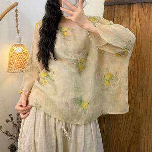 Autumn Fashion Ramie Floral Blouse