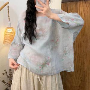 Autumn Fashion Ramie Floral Blouse