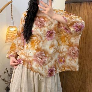 Autumn Fashion Ramie Floral Blouse