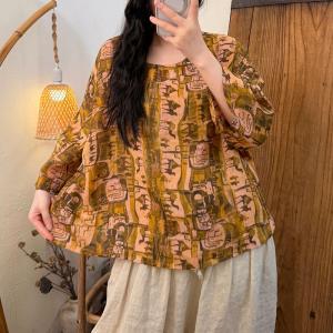 Autumn Fashion Ramie Floral Blouse