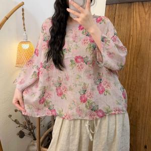 Autumn Fashion Ramie Floral Blouse