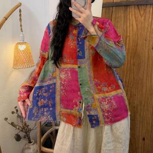 Long Sleeves Organic Ramie Printed Ladies Shirt