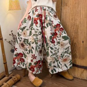 Tropical Flowers Loose Linen Wide Leg Pants