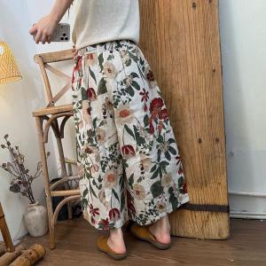 Tropical Flowers Loose Linen Wide Leg Pants