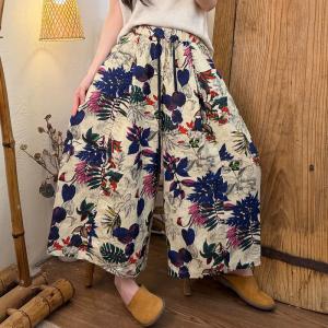 Tropical Flowers Loose Linen Wide Leg Pants