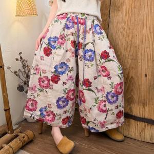 Tropical Flowers Loose Linen Wide Leg Pants