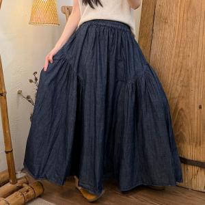 High Waist Pleated Denim Flare Skirt