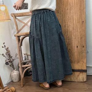 High Waist Pleated Denim Flare Skirt