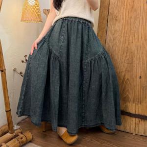 High Waist Pleated Denim Flare Skirt