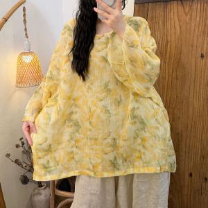 Tropical Patterns Loose Ramie Tunic Blouse