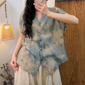 Natural Dye Short Sleeves Ramie Ladies Shirt