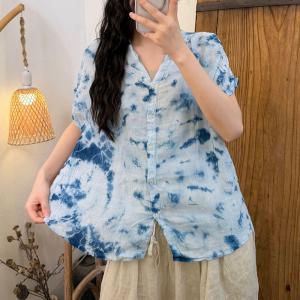 Natural Dye Short Sleeves Ramie Ladies Shirt