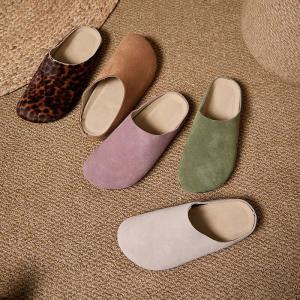 Pastel Colors Suede Leather Wide Toe Slippers