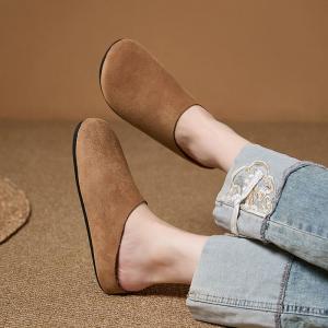 Pastel Colors Suede Leather Wide Toe Slippers