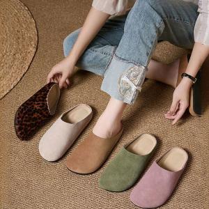 Pastel Colors Suede Leather Wide Toe Slippers