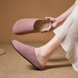 Pastel Colors Suede Leather Wide Toe Slippers