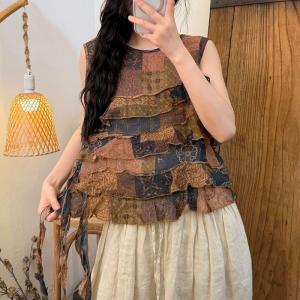 Crew Neck Patterned Fringed Vest
