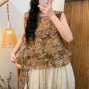 Crew Neck Patterned Fringed Vest
