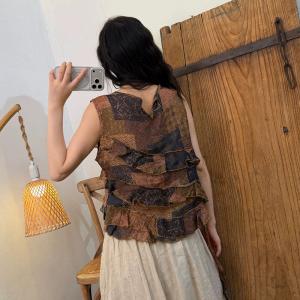 Crew Neck Patterned Fringed Vest